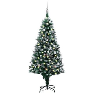Juletræ med sne + lys + julekugler og grankogler 150 cm