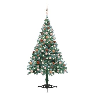 juletræ med sne + lys + julekugler og grankogler 150 cm
