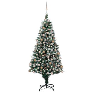 juletræ med sne + lys + julekugler og grankogler 210 cm