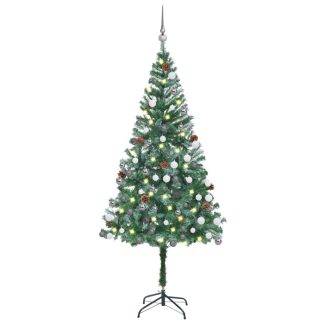 juletræ med sne + lys + julekugler og grankogler 150 cm